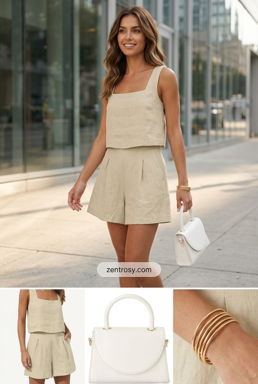 Beige linen cami and shorts set with espadrille wedges for casual LA summer outfits for women 2026.