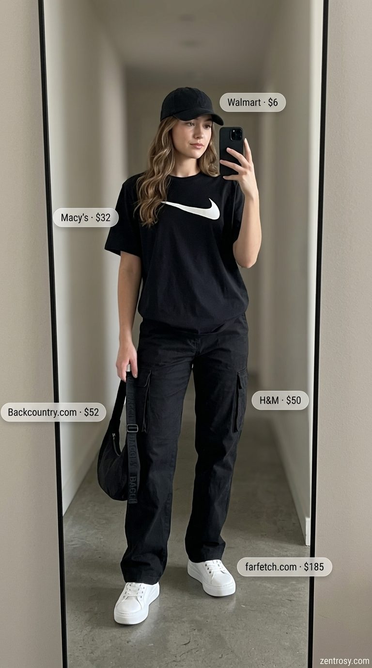 Khaki cargo pants with graphic tee and platform sneakers for casual LA summer outfits for women 2026.