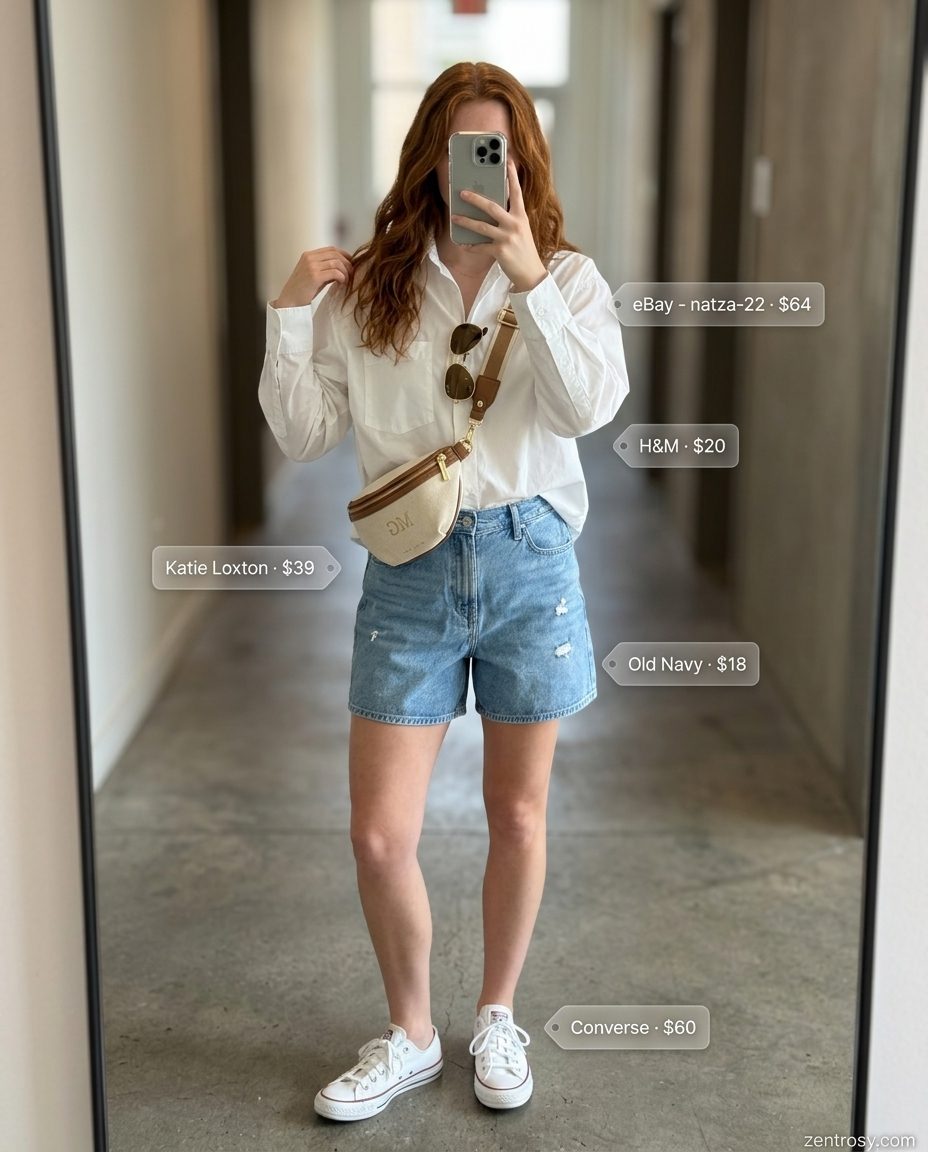 Denim shorts with oversized white button-down and aviators for casual LA summer outfits for women 2026.