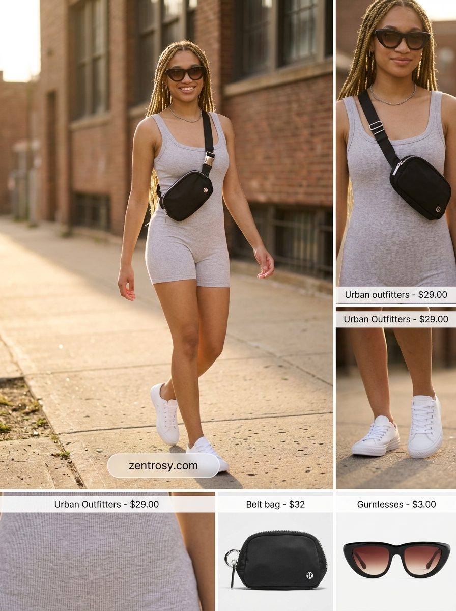 Grey knit romper with sneakers and sunglasses for casual LA summer outfits for women 2026.