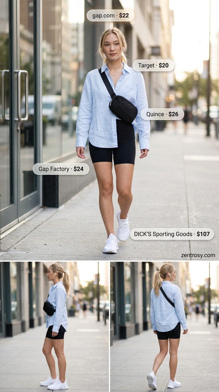 Light blue linen shirt over biker shorts with sneakers for casual LA summer outfits for women 2026.