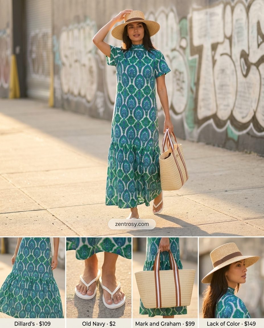 Multi-color print maxi dress with straw tote and hat for casual LA summer outfits for women 2026.