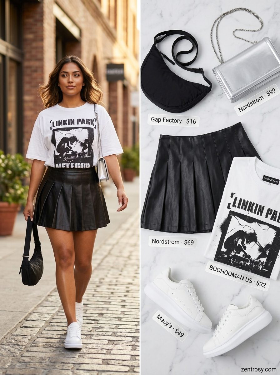 Black faux leather mini skirt with band tee and chunky sneakers for casual LA summer outfits for women 2026.