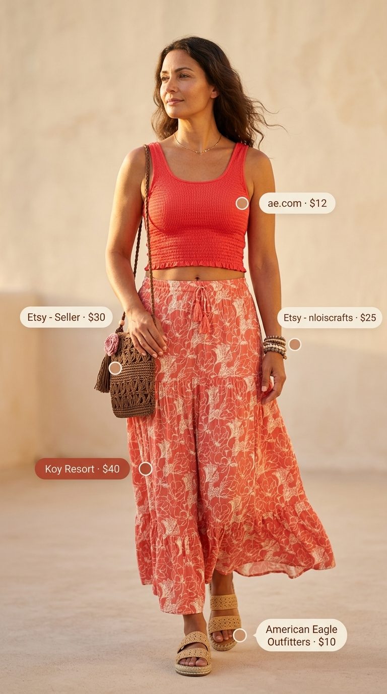 Casual Summer Outfit for Women Over 40 2026: Beach Boho Casual summer outfit for women over 40 2026: Flowy coral maxi skirt, ivory tank, straw bag for a bohemian beach walk.