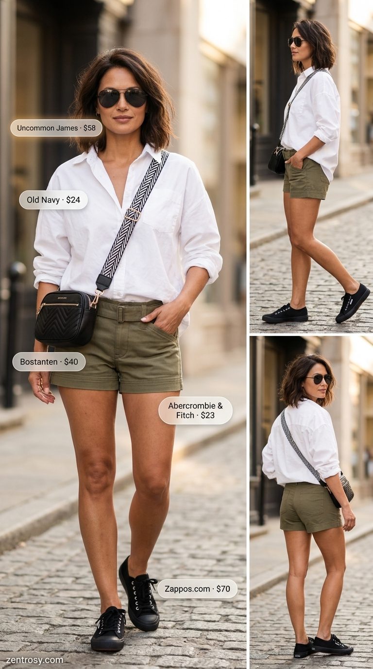 Casual Summer Outfit for Women Over 40 2026: City Safari Look Casual summer outfit for women over 40 2026: Khaki cargo shorts, white oversized shirt, and canvas sneakers.