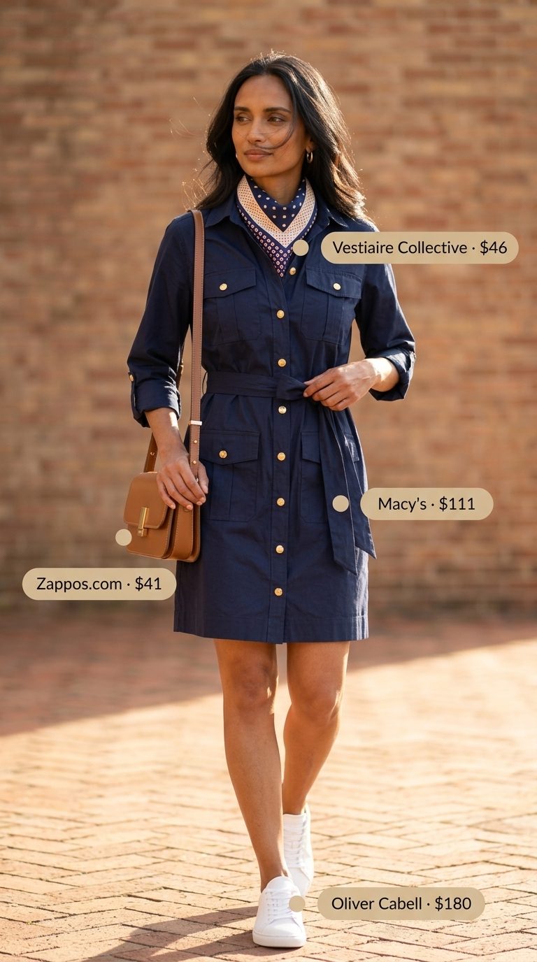 Casual Summer Outfit for Women Over 40 2026: City Explorer Casual summer outfit for women over 40 2026: Navy midi shirt dress, white sneakers, silk scarf for city sightseeing.