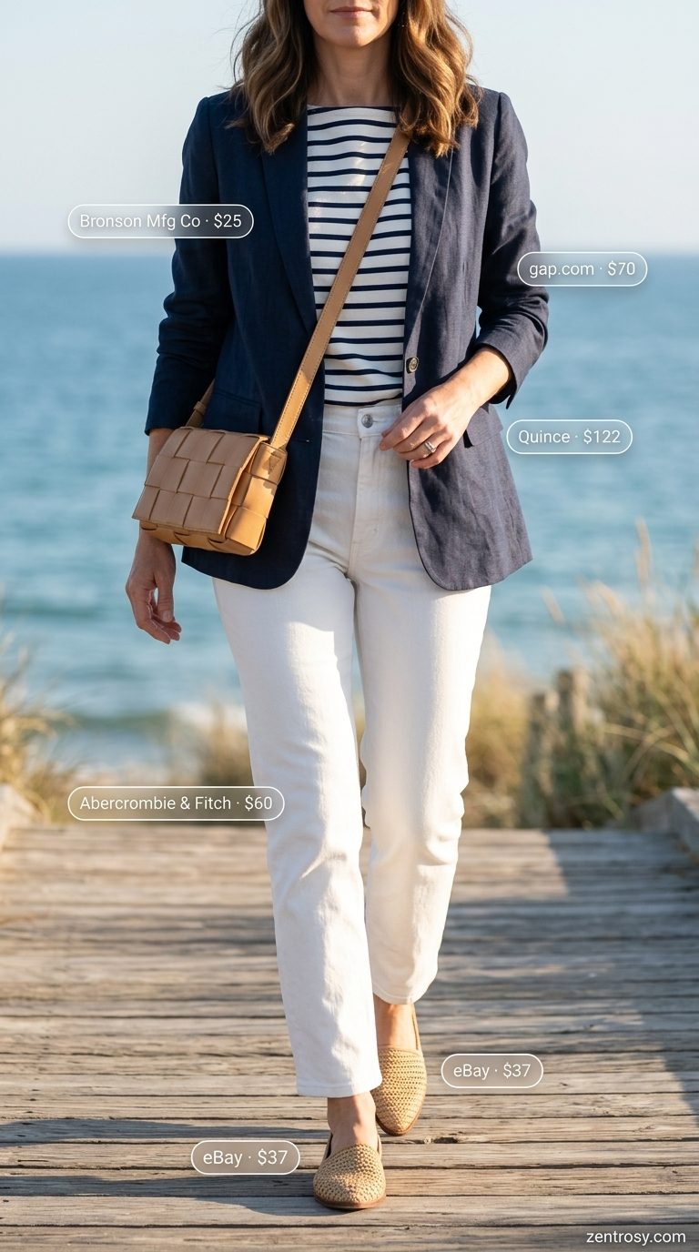 Casual Summer Outfit for Women Over 40 2026: Coastal Classic Casual summer outfit for women over 40 2026: White jeans, Breton tee, navy blazer for coastal weekend.