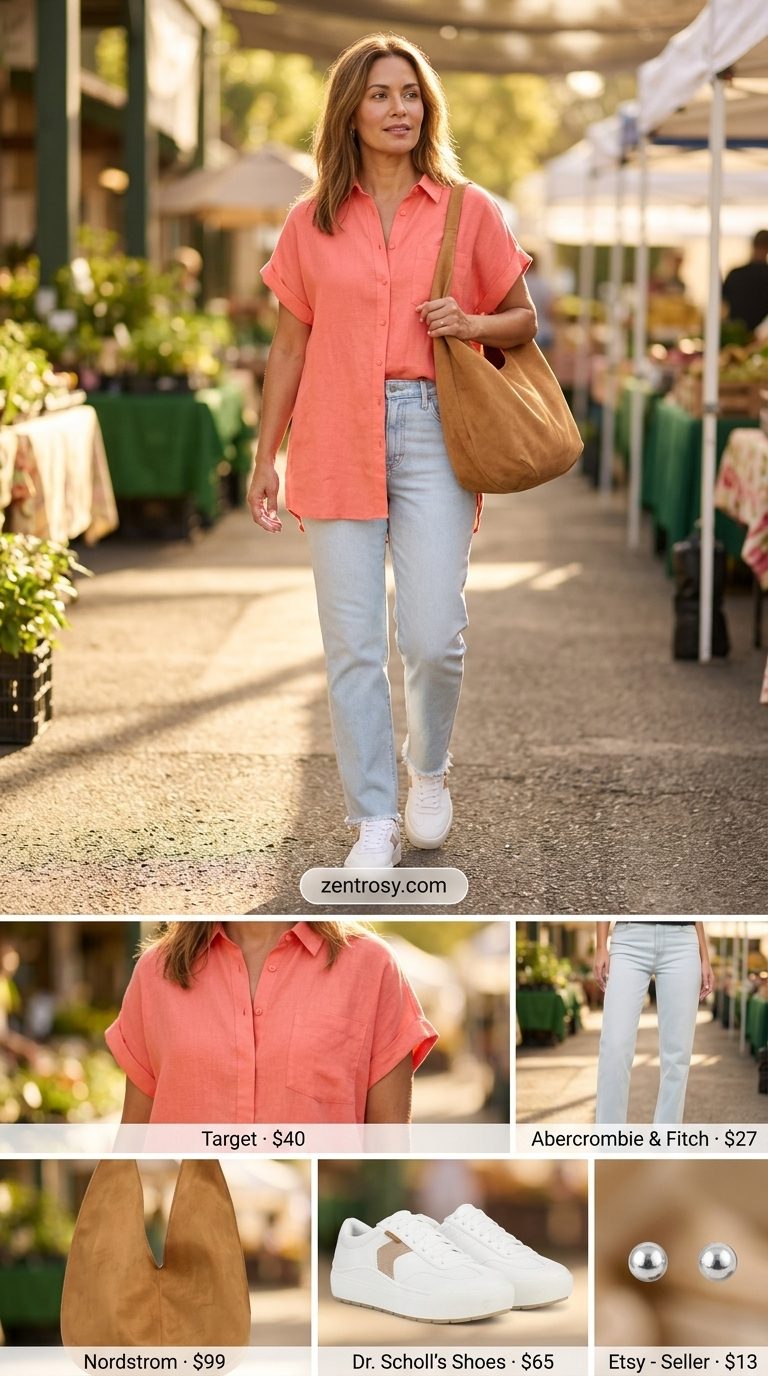 Casual Summer Outfit for Women Over 40 2026: Denim Comfort Casual summer outfit for women over 40 2026: Light wash jeans, coral blouse, and retro sneakers.