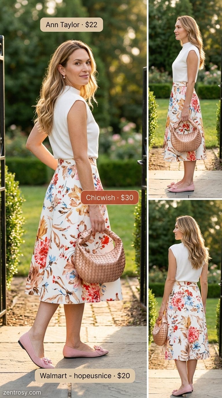 Casual Summer Outfit for Women Over 40 2026: Garden Party Chic Casual summer outfit for women over 40 2026: Blush floral midi skirt, cream knit top, and nude ballet flats.