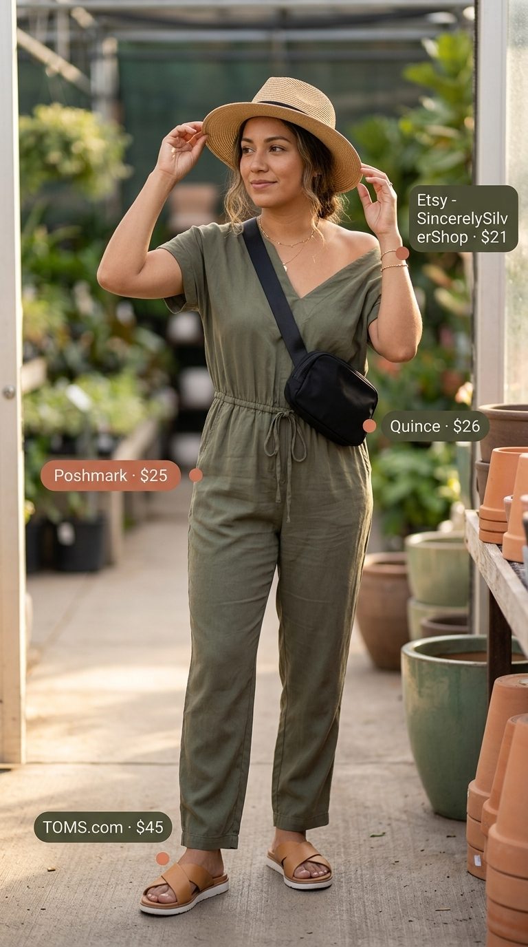 Casual Summer Outfit for Women Over 40 2026: Jumpsuit Style Casual summer outfit for women over 40 2026: Olive utility jumpsuit, tan slides, black belt bag for garden center.