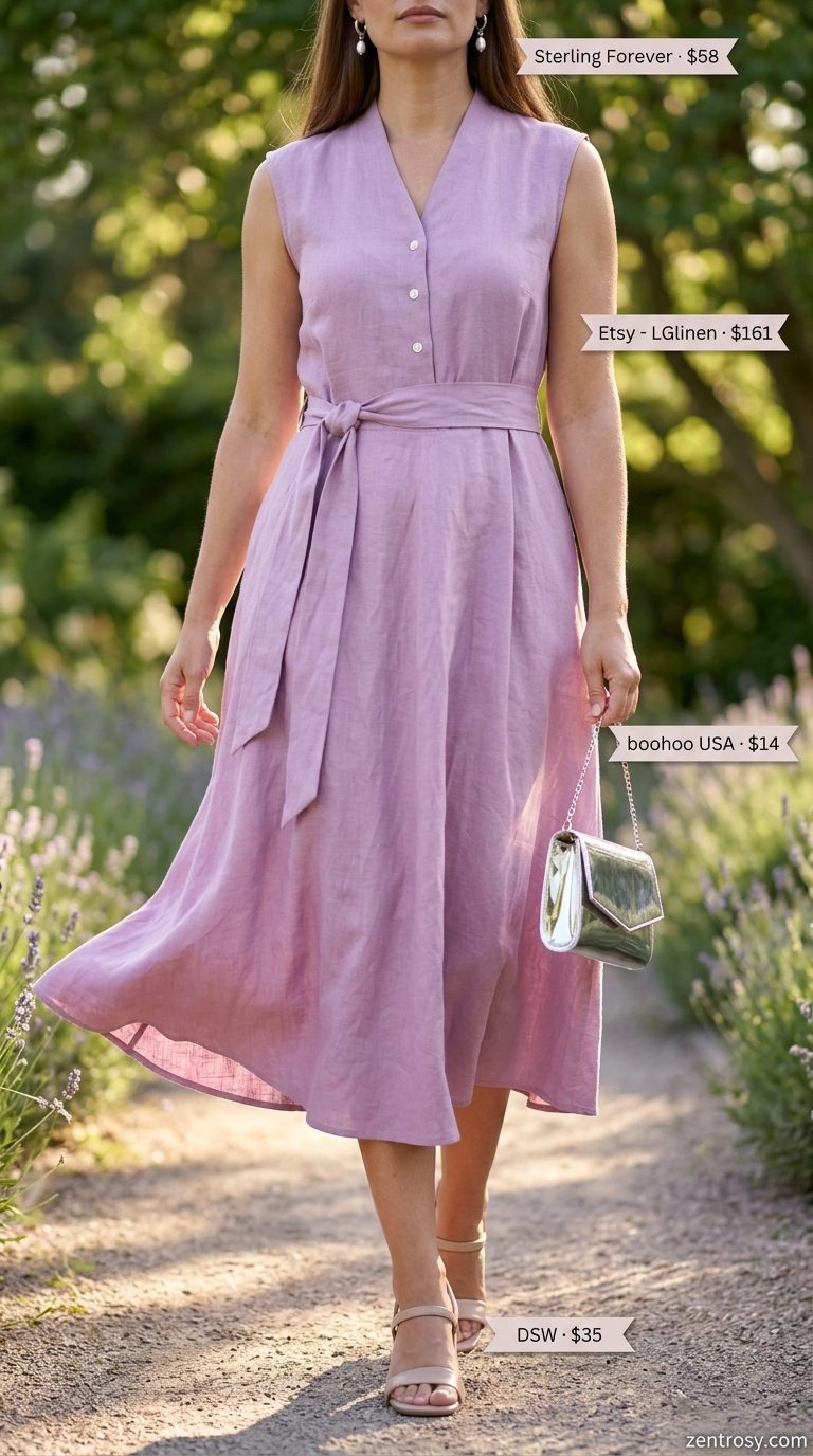 Casual Summer Outfit for Women Over 40 2026: Garden Party Casual summer outfit for women over 40 2026: Lavender midi dress, nude block heels for a garden party.