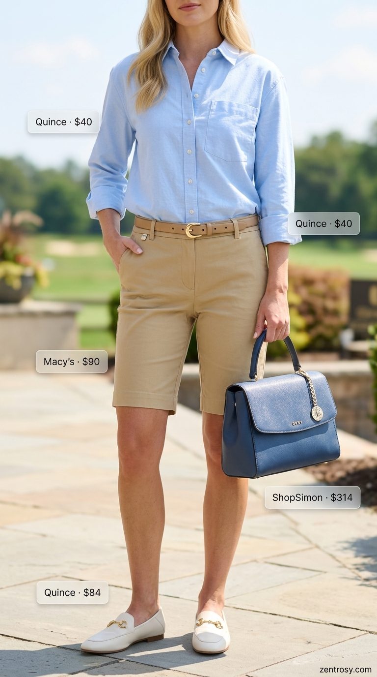 Casual Summer Outfit for Women Over 40 2026: Golf Chic Casual summer outfit for women over 40 2026: Khaki shorts, sky blue button-down, white loafers for a refined golf club lunch.