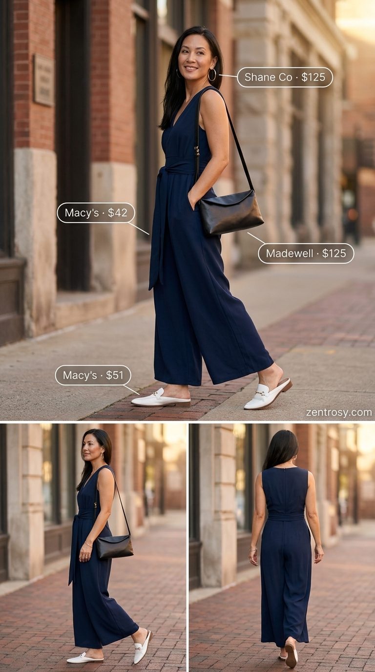 Casual Summer Outfit for Women Over 40 2026: Jumpsuit Style Casual summer outfit for women over 40 2026: Navy utility jumpsuit, white mules, and silver hoop earrings.