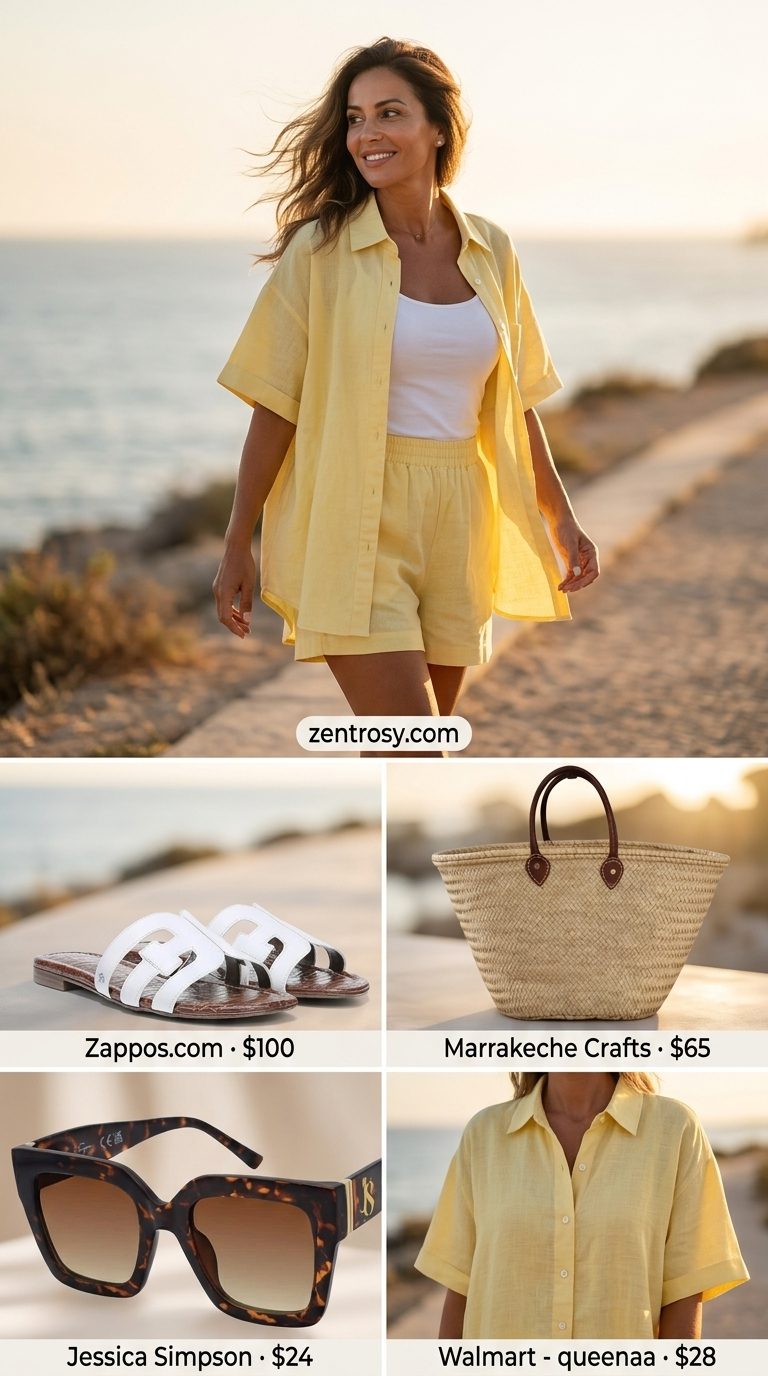 Casual Summer Outfit for Women Over 40 2026: Linen Matching Set Casual summer outfit for women over 40 2026: Soft yellow linen set, white slides, and straw tote bag.