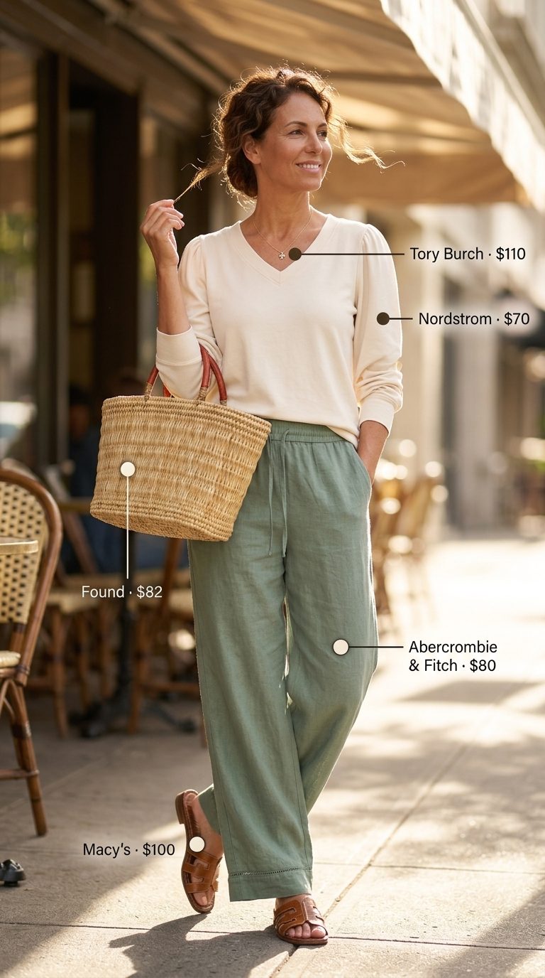 Casual Summer Outfit for Women Over 40 2026: Market Chic Casual summer outfit for women over 40 2026: Sage linen pants, cream blouse, straw tote for weekend market.
