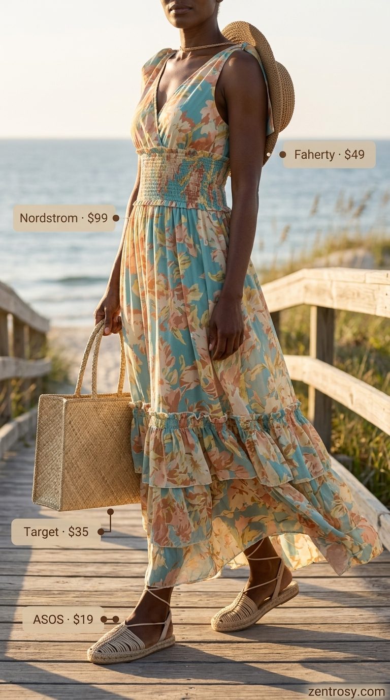 Casual Summer Outfit for Women Over 40 2026: Maxi Dress Look Casual summer outfit for women over 40 2026: Teal floral maxi dress, espadrilles, and straw tote bag.