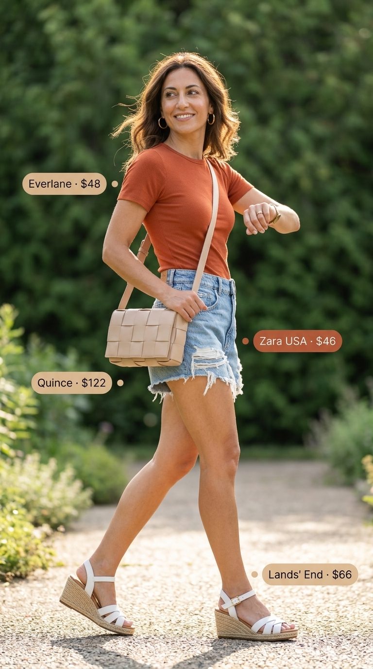 Casual Summer Outfit for Women Over 40 2026: Patio Lunch Casual summer outfit for women over 40 2026: Denim shorts, terracotta knit top, espadrilles for patio lunch.