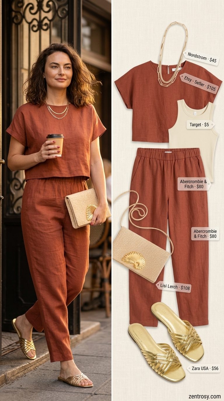 Casual Summer Outfit for Women Over 40 2026: Resort Set Style Casual summer outfit for women over 40 2026: Terracotta linen set, gold sandals, and straw clutch.