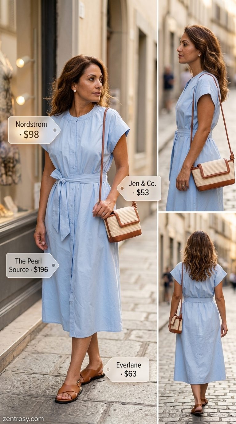 Casual Summer Outfit for Women Over 40 2026: Shirt Dress Style Casual summer outfit for women over 40 2026: Sky blue shirt dress, tan woven sandals, and straw crossbody bag.
