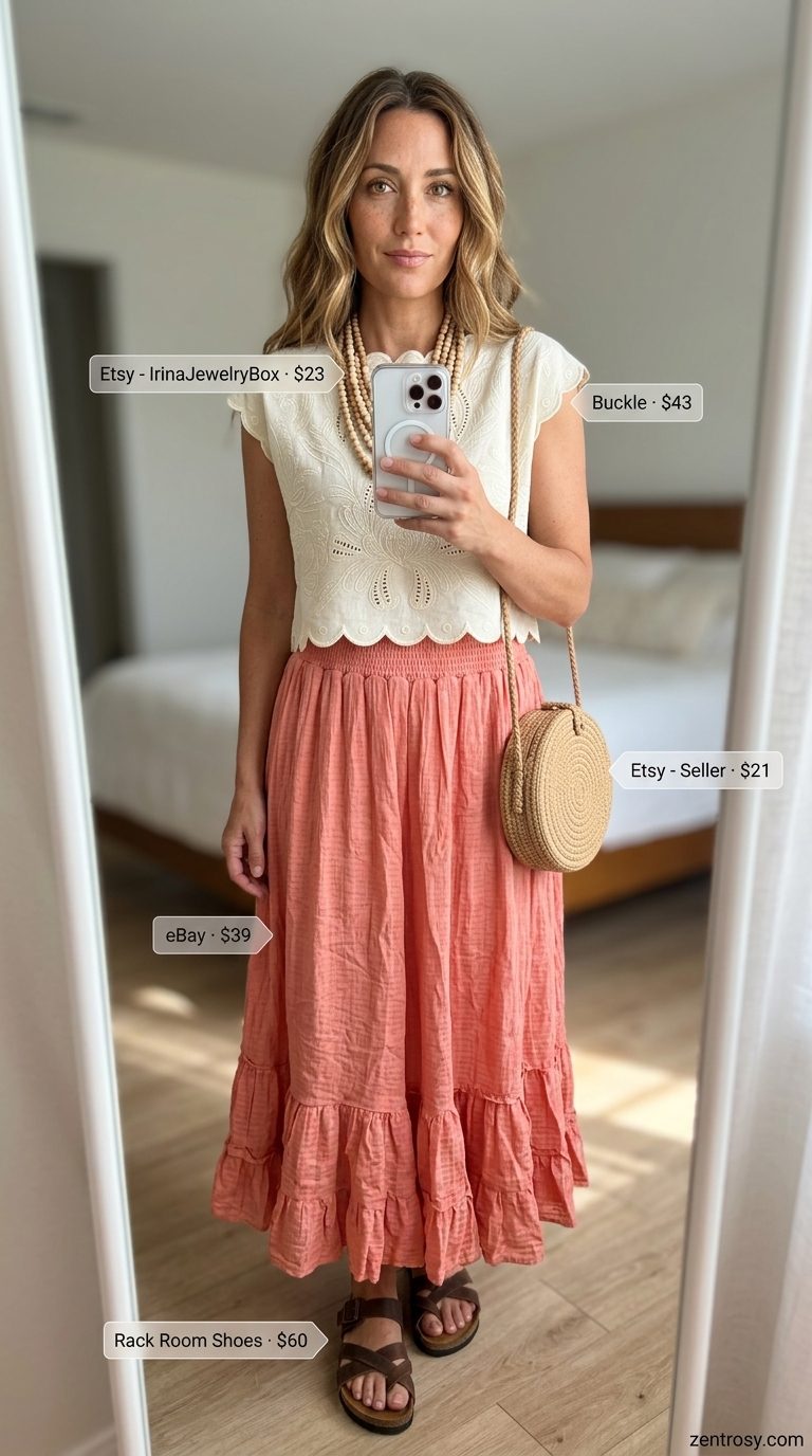 Bohemian Garden: Casual Summer Outfit for Women Over 40 2026 Casual summer outfit for women over 40 2026: Coral maxi skirt with peasant blouse for a garden party.