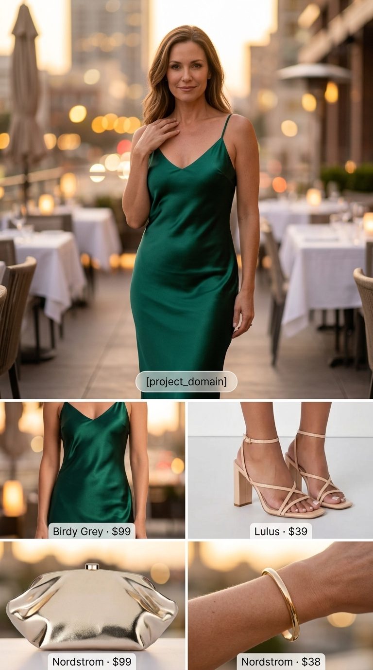 Date Night Chic: Casual Summer Outfit for Women Over 40 2026 Casual summer outfit for women over 40 2026: Emerald green slip dress with gold necklaces and nude sandals for a date night.