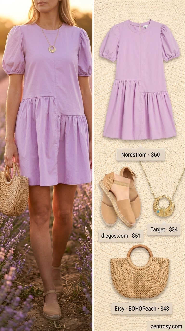 Lavender Picnic: Casual Summer Outfit for Women Over 40 2026 Casual summer outfit for women over 40 2026: Lavender mini dress with espadrille sandals for a picnic.