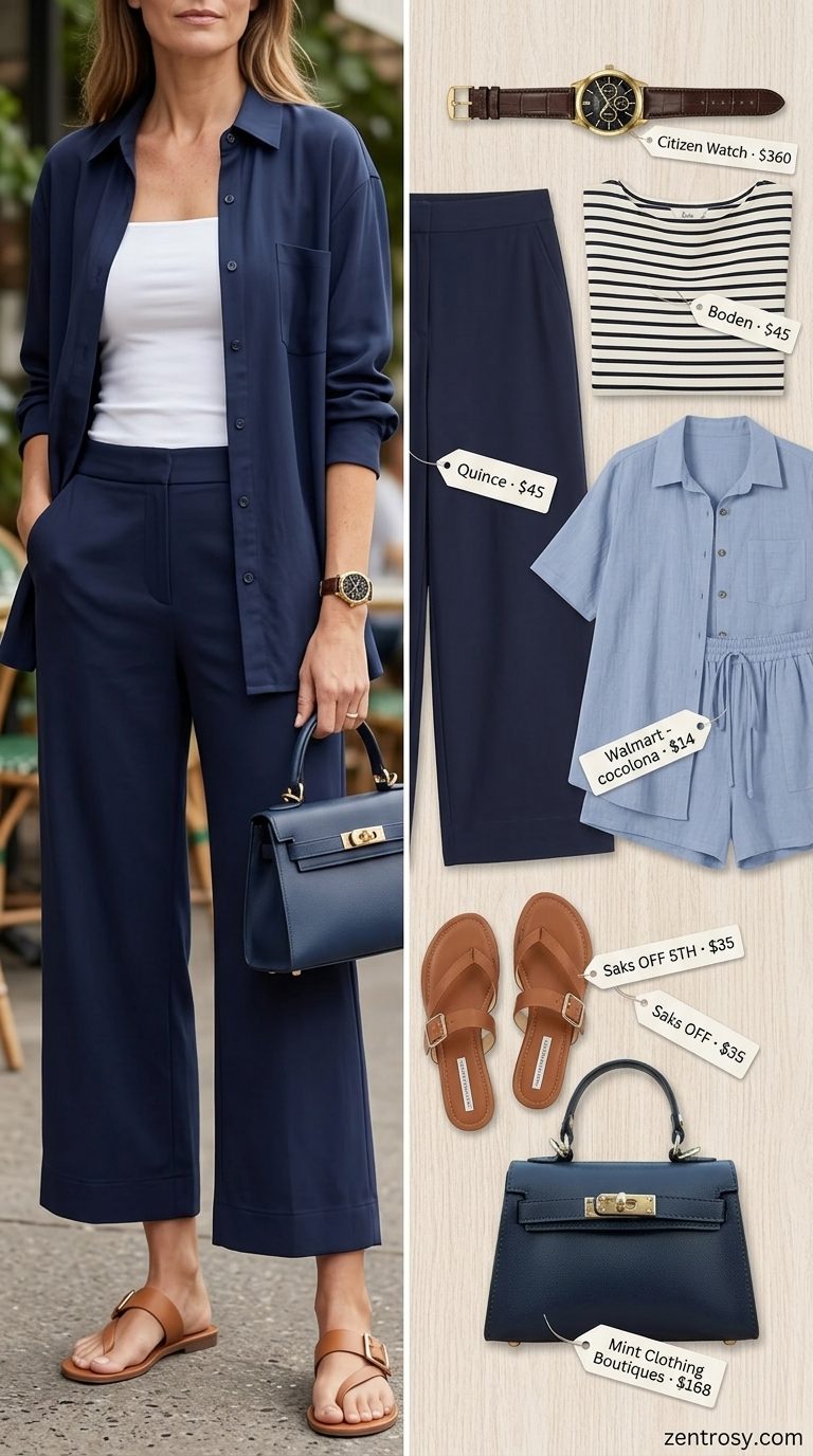 Smart Casual: Casual Summer Outfit for Women Over 40 2026 Casual summer outfit for women over 40 2026: Navy cropped trousers with striped knit top and red flats.