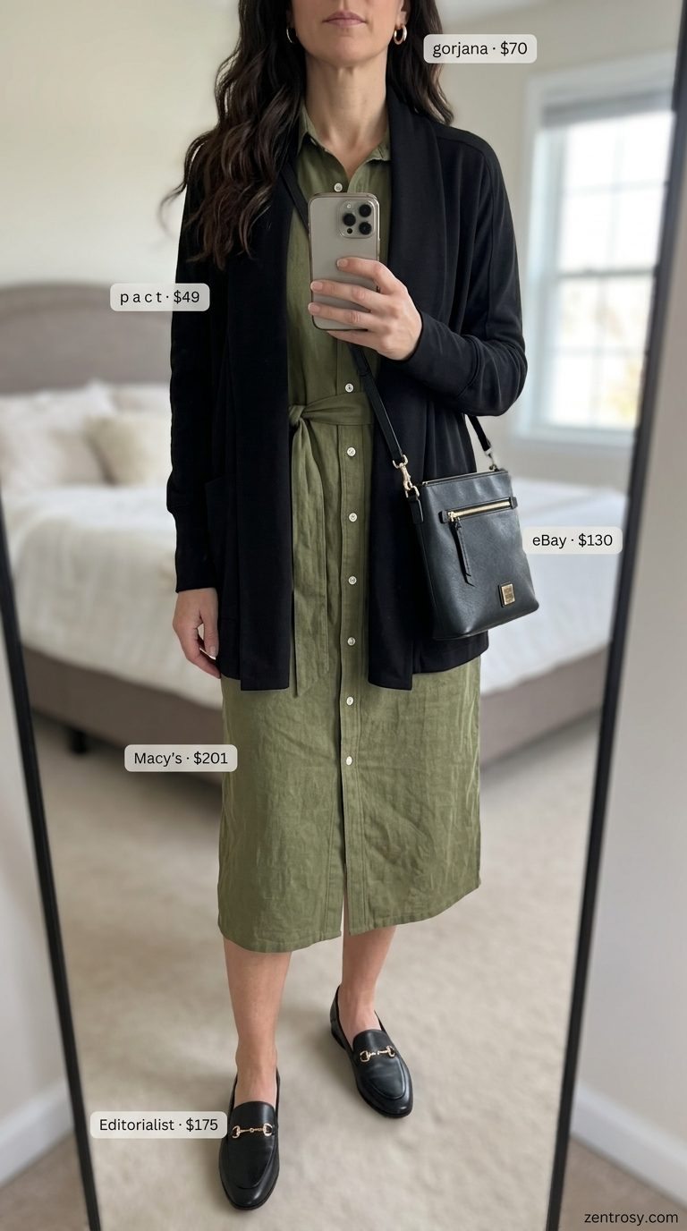 Polished Lunch: Casual Summer Outfit for Women Over 40 2026 Casual summer outfit for women over 40 2026: Olive green shirt dress with black loafers for a polished lunch.