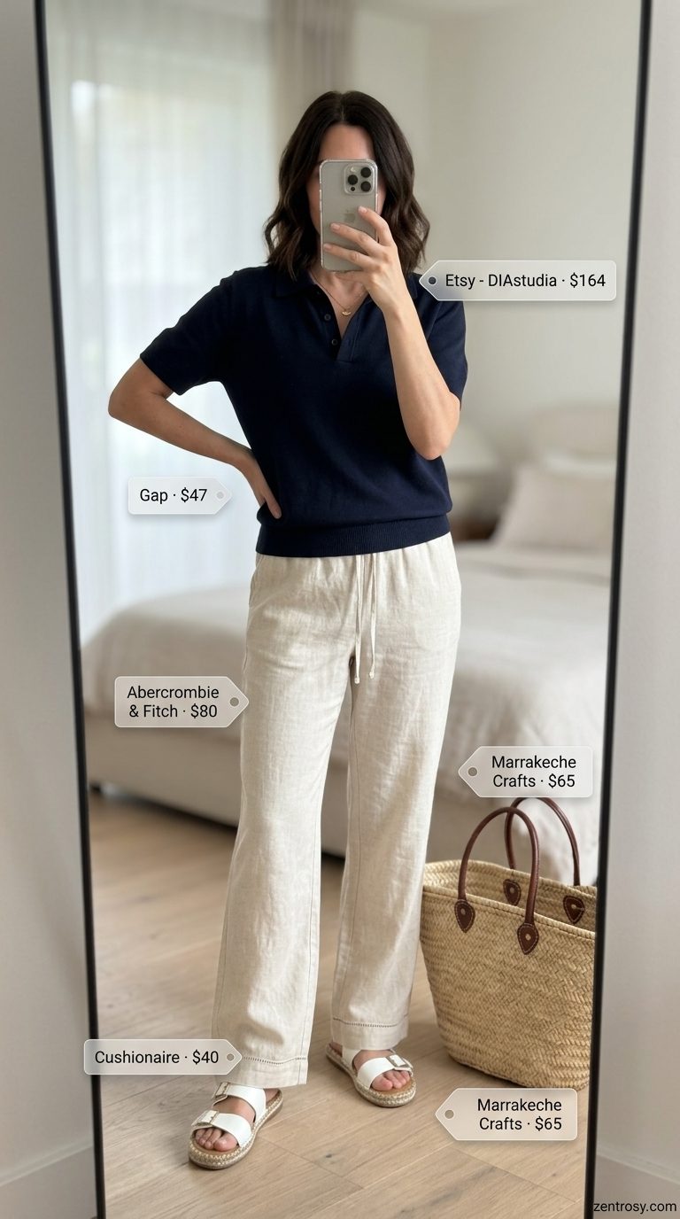Coastal Breeze: Casual Summer Outfit for Women Over 40 2026 Casual summer outfit for women over 40 2026: Sand wide-leg pants with ivory cami and navy polo.