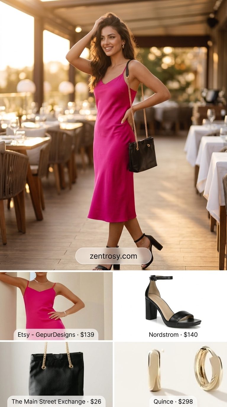 Casual summer outfits for women 2026: Fuchsia slip dress, black sandals, black shoulder bag, gold earrings.