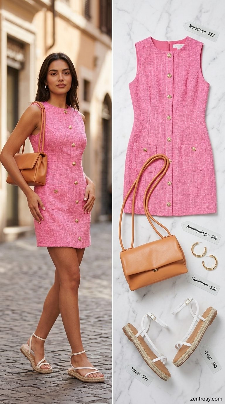 Casual summer outfits for women 2026: Hot pink dress, orange bag, white espadrilles, gold earrings.