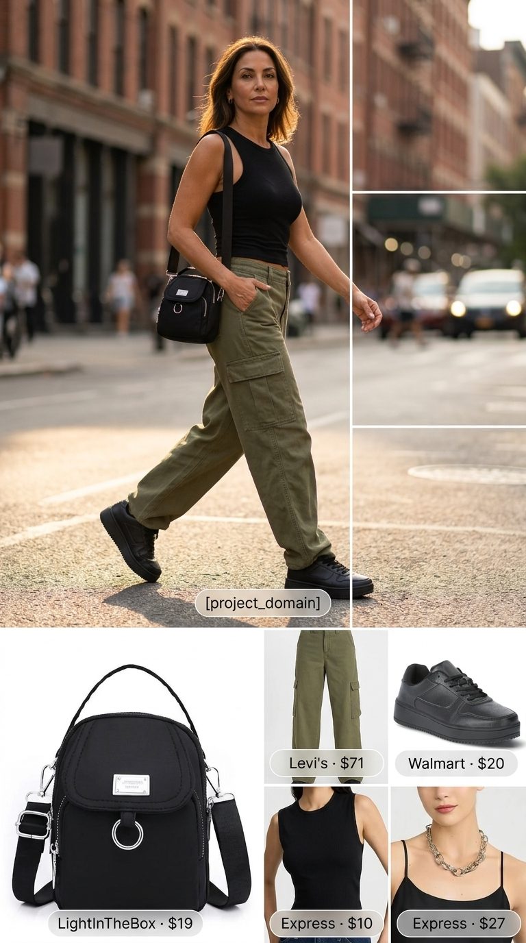 Casual summer outfits for women 2026: Olive cargo pants, black crop top, platform sneakers, and chain necklace.