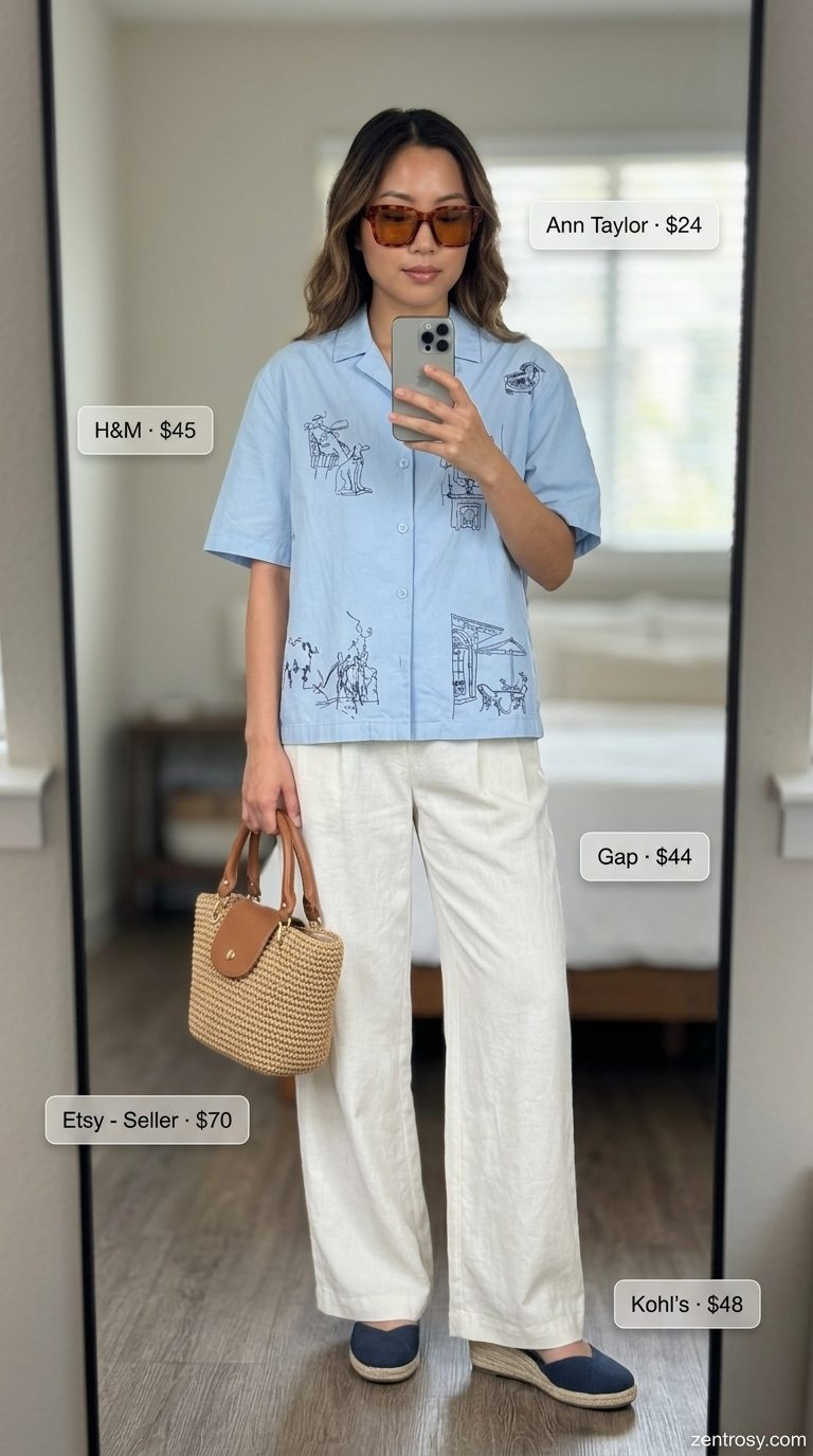 Casual summer outfits for women 2026: White linen pants, sky blue shirt, navy espadrilles, straw tote, sunglasses.