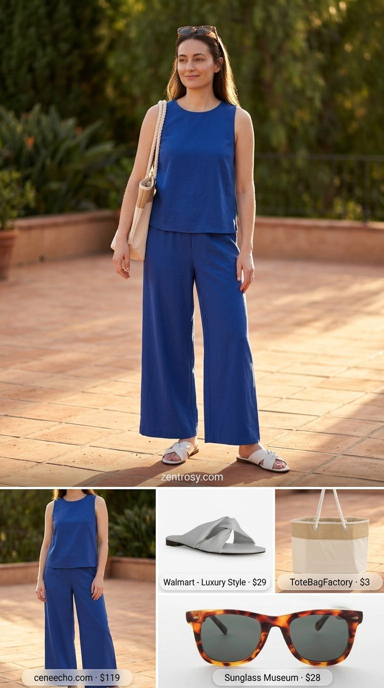 Casual summer outfits for women 2026: Cobalt blue matching set, cream sandals, canvas tote, wood bracelet.