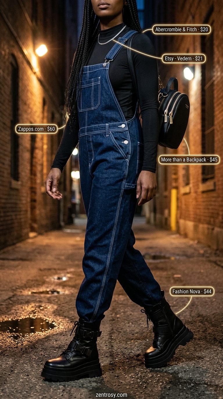 Casual summer outfits for women 2026: Denim overalls, combat boots for an edgy look.