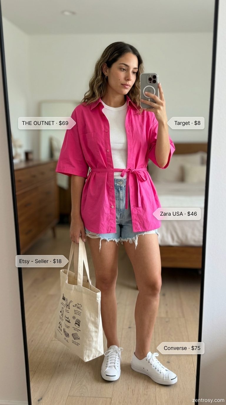 Casual summer outfits for women 2026: Hot pink oversized shirt over white tank, denim shorts, and canvas tote.