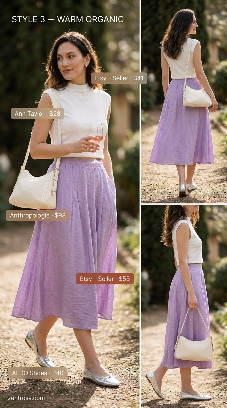 Casual summer outfits for women 2026: Lavender midi skirt, cream knit top, silver flats for a garden party.