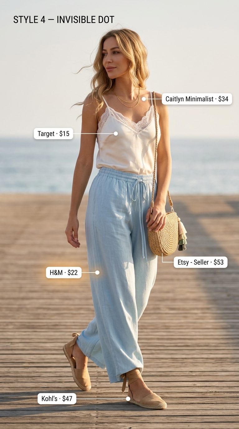 Casual summer outfits for women 2026: Sky blue linen pants, cream cami, espadrilles, and straw bag.