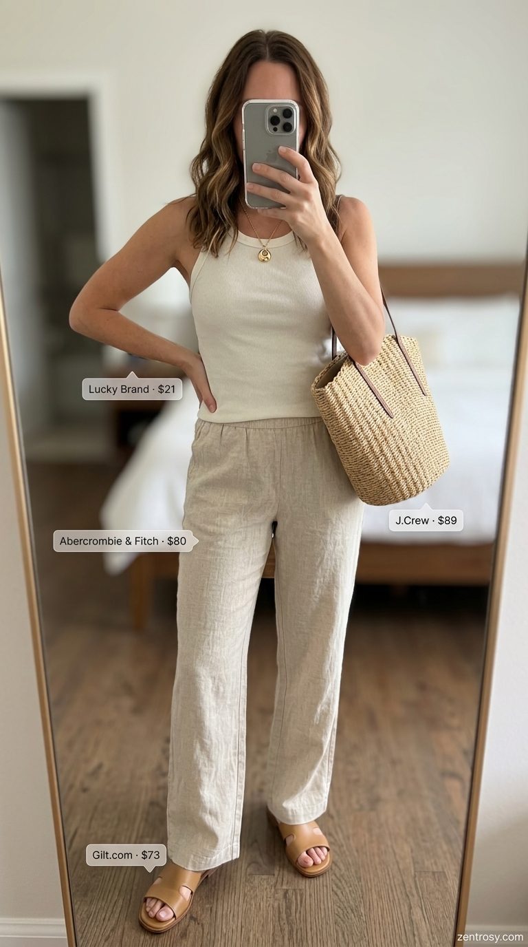 Casual summer outfits for women 2026: Beige linen pants, off-white tank, gold necklace, tan sandals, straw tote.