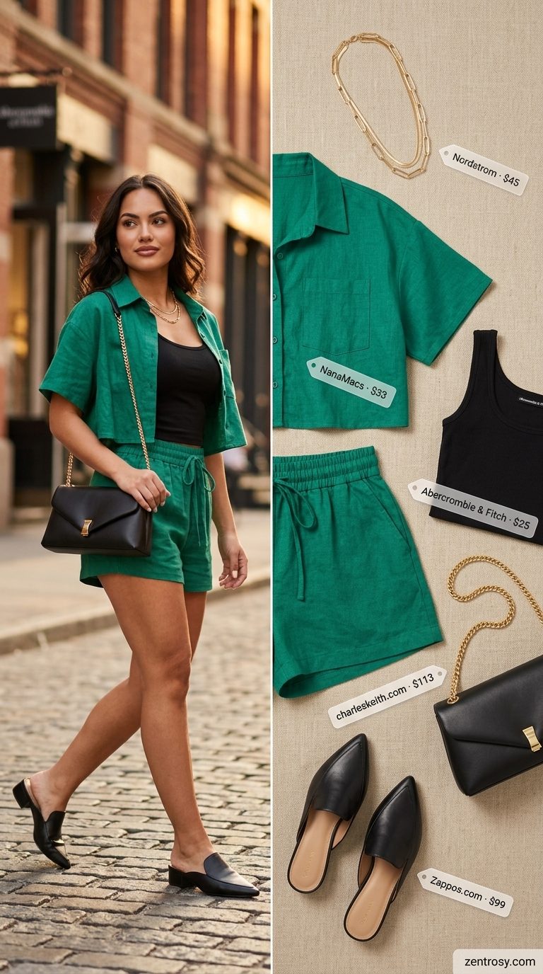 Casual summer outfits for women 2026: Olive green linen matching set, black mules, and layered gold necklaces.