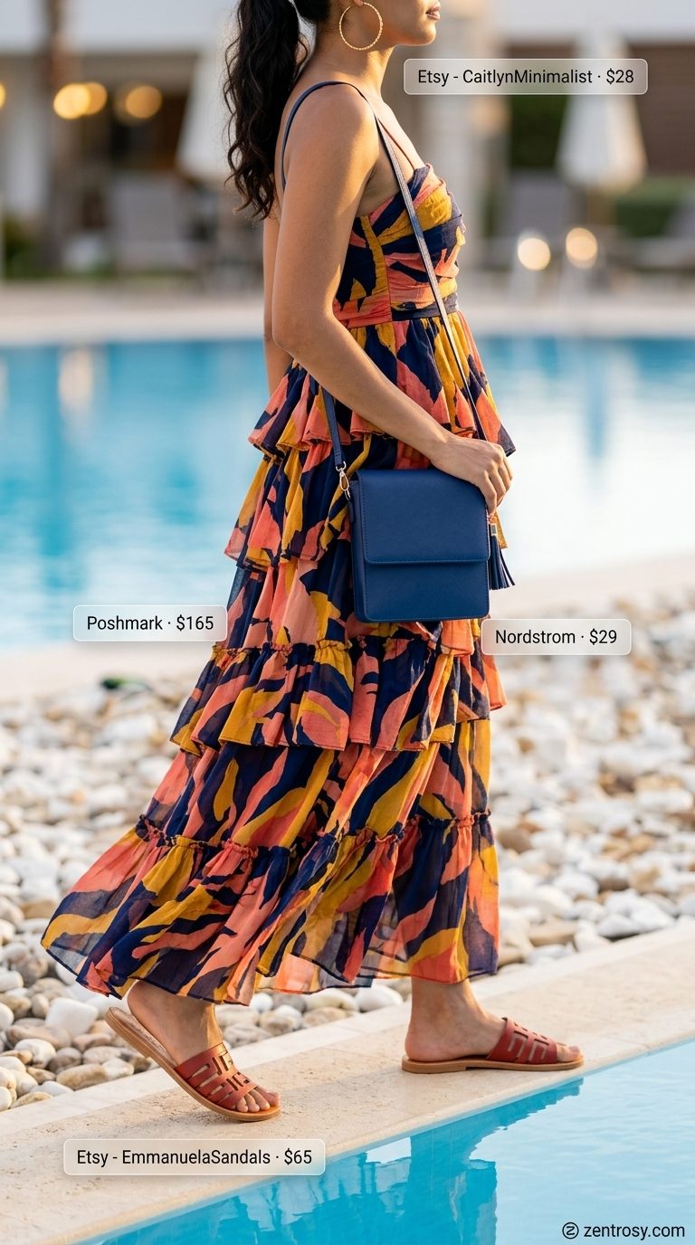 Casual summer outfits for women 2026: Abstract print maxi dress, coral slides, and mini crossbody bag.