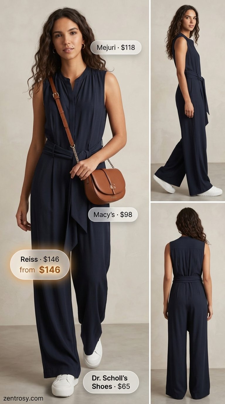 Casual summer outfits for women 2026: Navy jumpsuit, white sneakers for a weekend getaway.