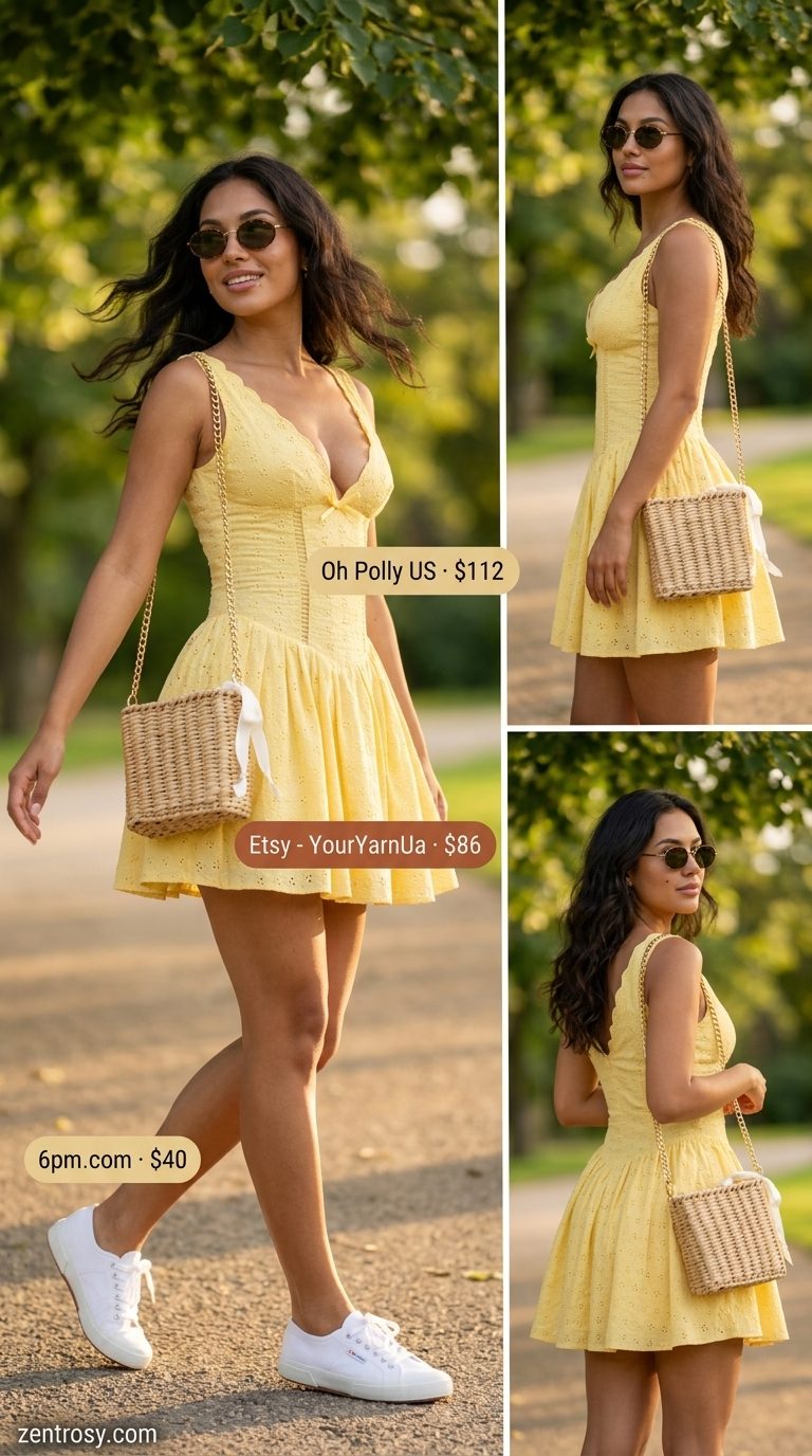 Casual summer outfits for women 2026: Butter yellow sundress, white sneakers, straw bag, and sunglasses for a picnic.