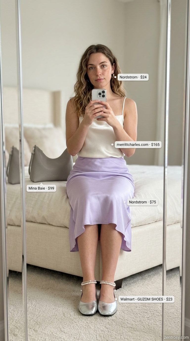 Casual summer outfits for women 2026: Lavender satin skirt, cream cami, silver ballet flats, and mini bag.