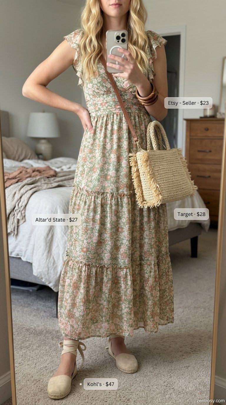 Casual summer outfits for women 2026: Terracotta floral maxi dress, espadrilles, straw bag, wood bangles.