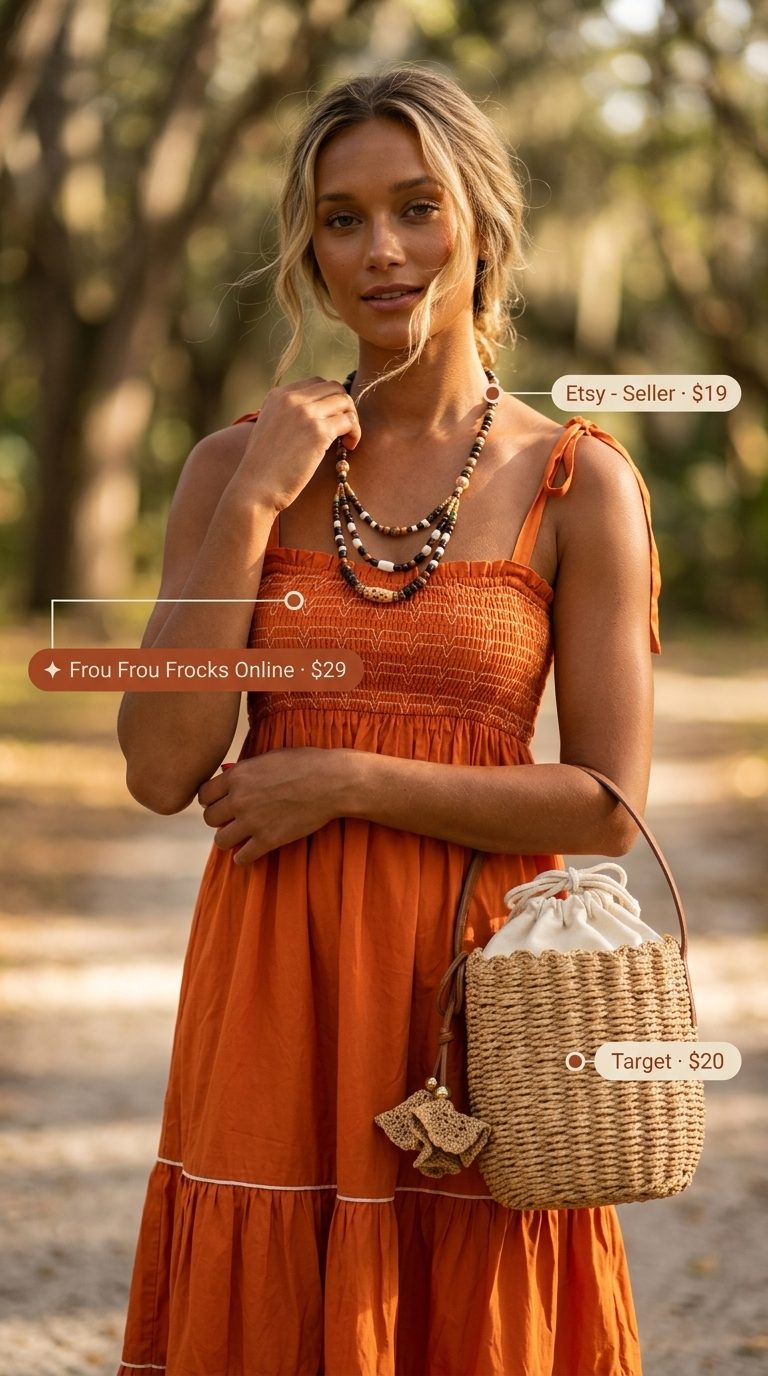 Casual summer outfits for women 2026: Terracotta sundress, leather slides for a farmer's market.