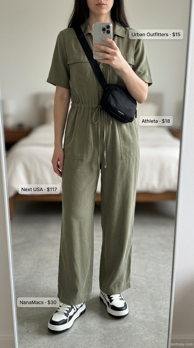 Casual summer outfits for women 2026: Khaki jumpsuit, black belt bag, platform sneakers, black sunglasses.