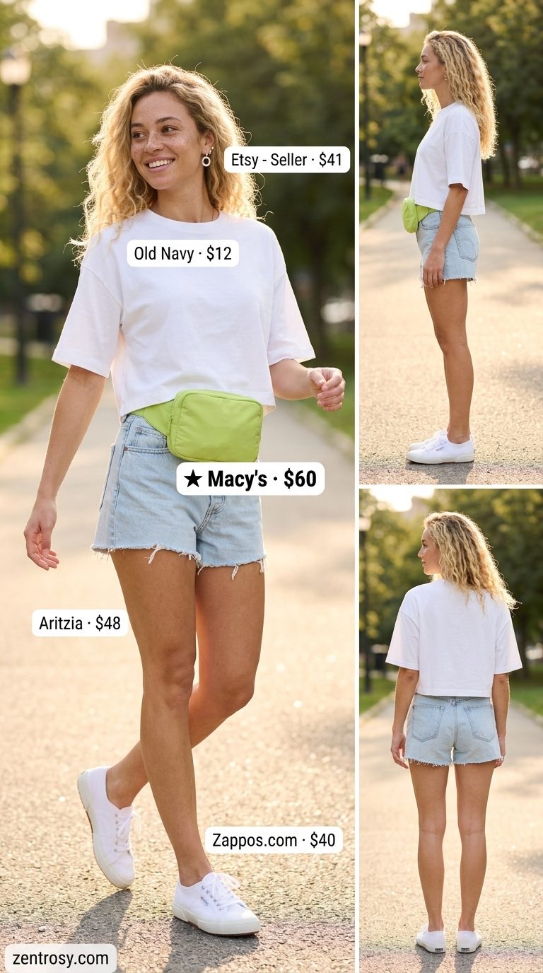 Casual summer outfits for women 2026: White tee, denim shorts, lime green belt bag, silver earrings, white sneakers.