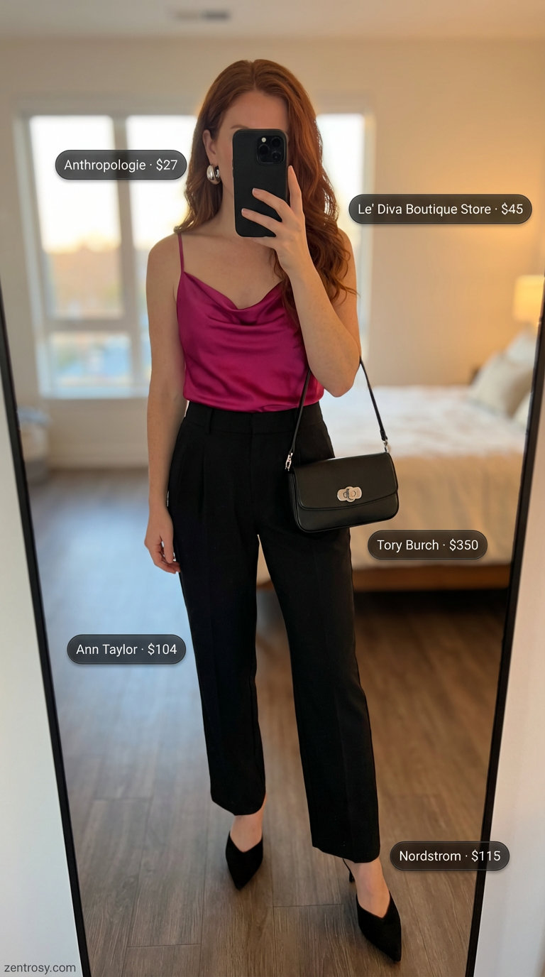 Sophisticated 'Art Gallery Opening' casual summer outfit for women 2026 featuring a deep fuchsia silk satin camisole, high-waisted black tailored trousers, black patent leather mules, chunky silver hoop earrings, and a mini shoulder bag, perfect for a dinner date.