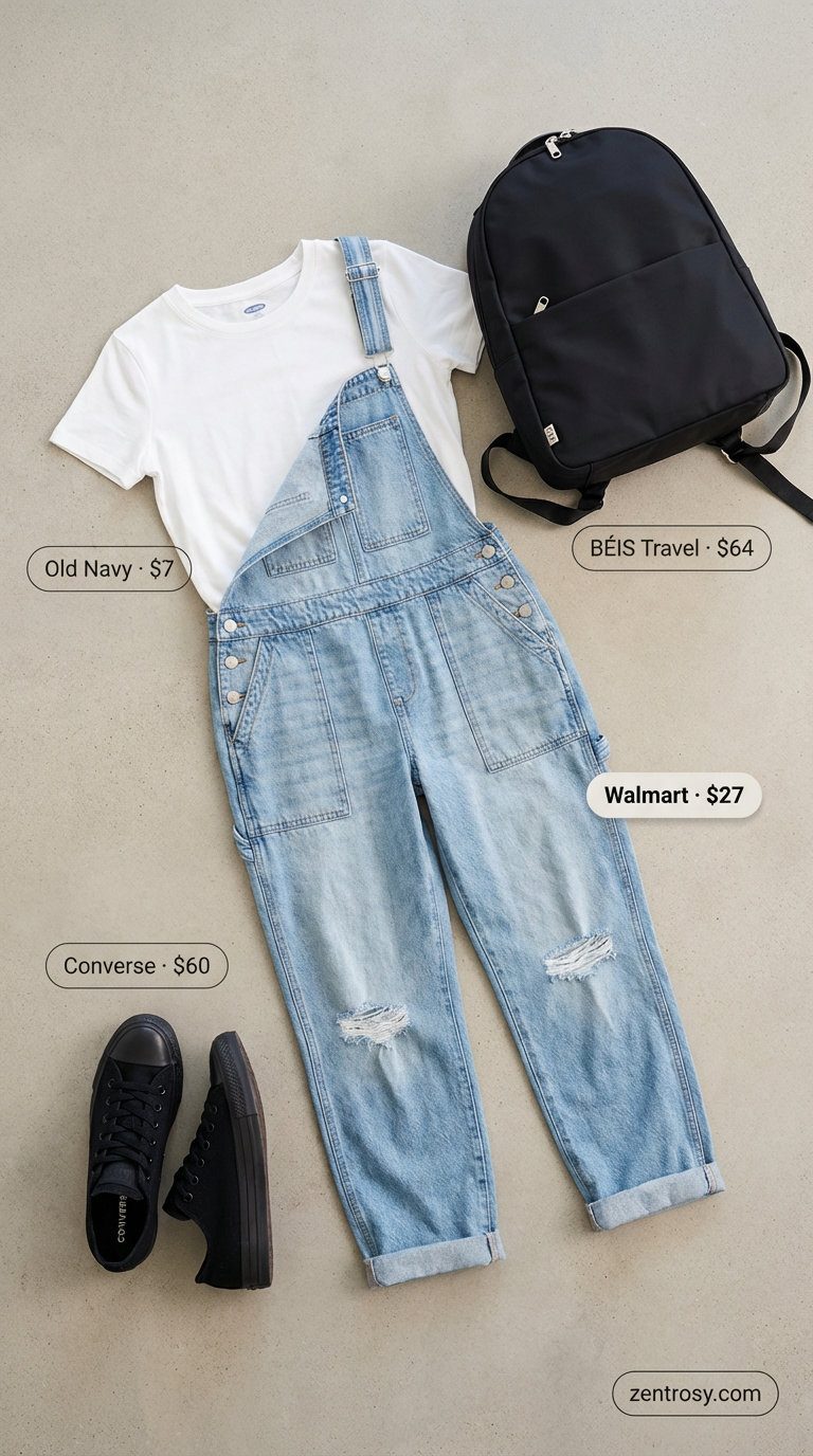 A playful and relaxed casual summer outfit for women 2026 featuring classic denim overalls over a white t-shirt, paired with black canvas sneakers and a small black backpack, perfect for a boardwalk breeze.